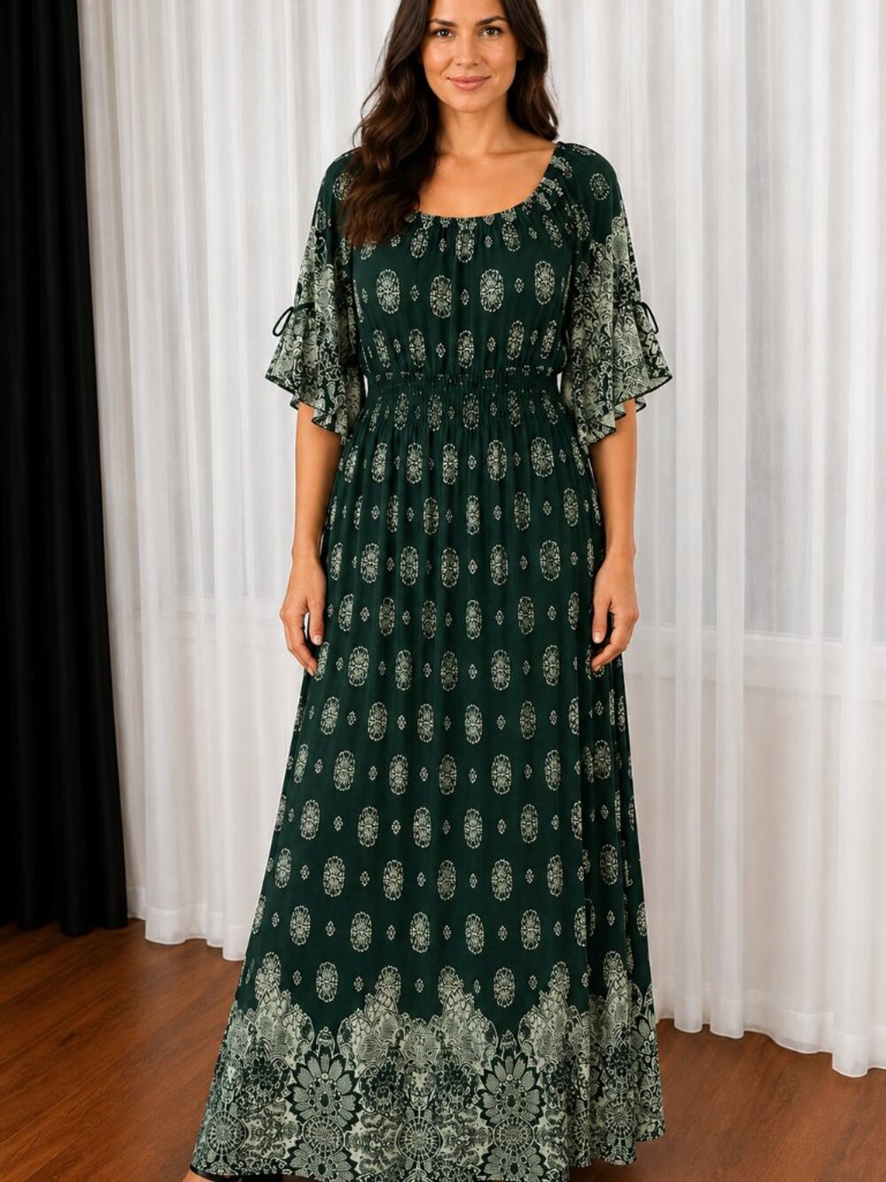 Seven Islands Green Cream Ornate Print Smocked Maxi Dress Bell Sleeve Plus 3X